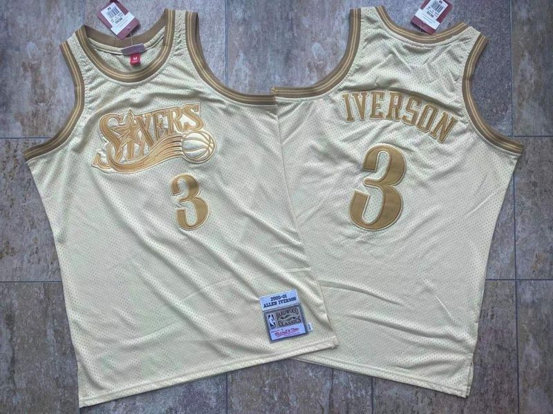 Men Philadelphia 76ers #3 Iverson  White 2000-2001 all gold dense embroidery NBA Jersey